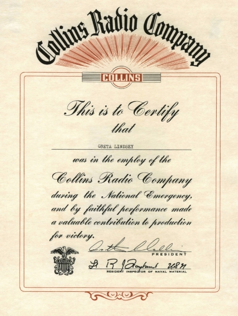 Early Employees of Collins Radio Company 7 Certificate Presented To Employees Working To Secure Victory During Ww-Ii.